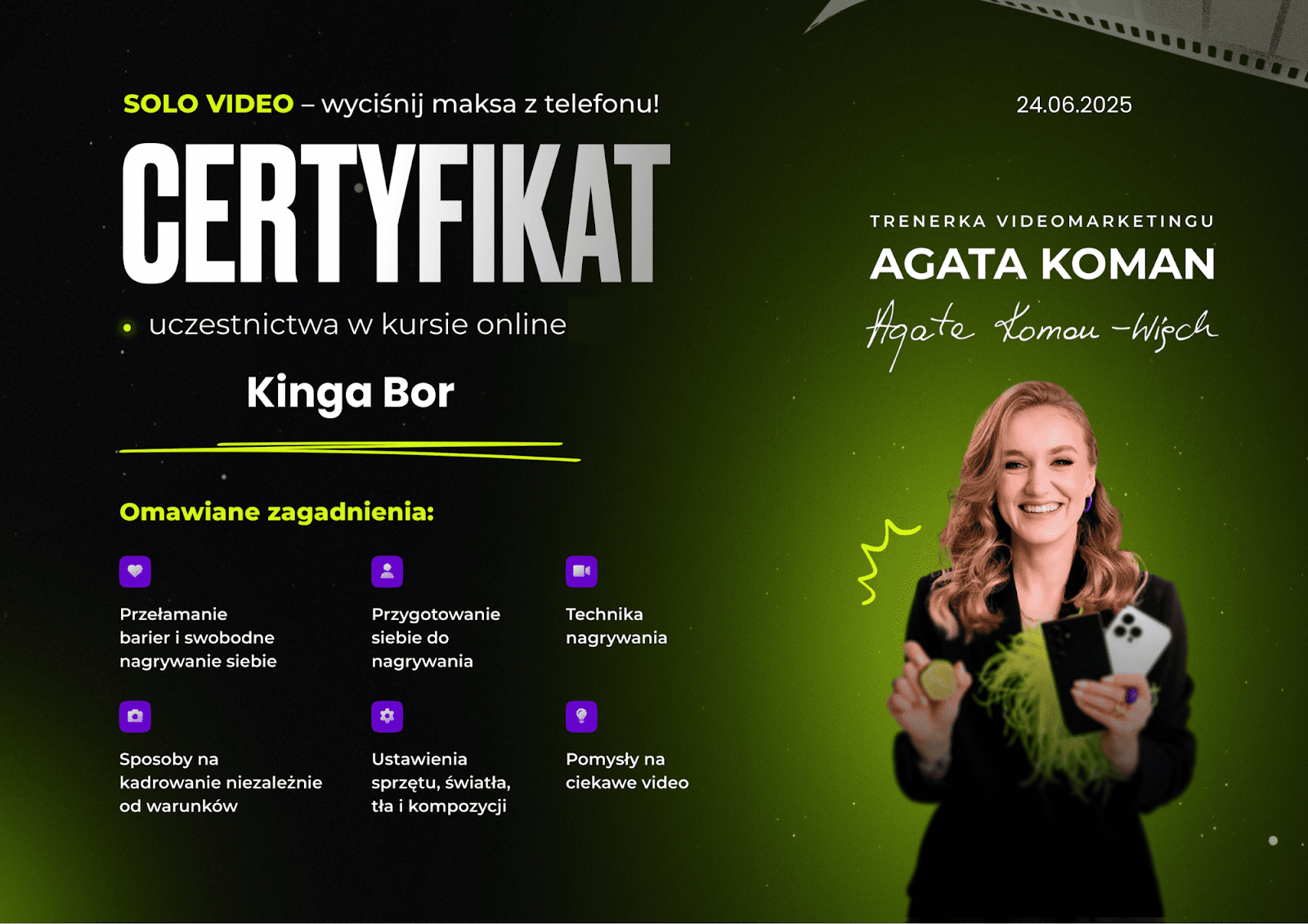 Agata Koman certyfikat dla Kingi Bor